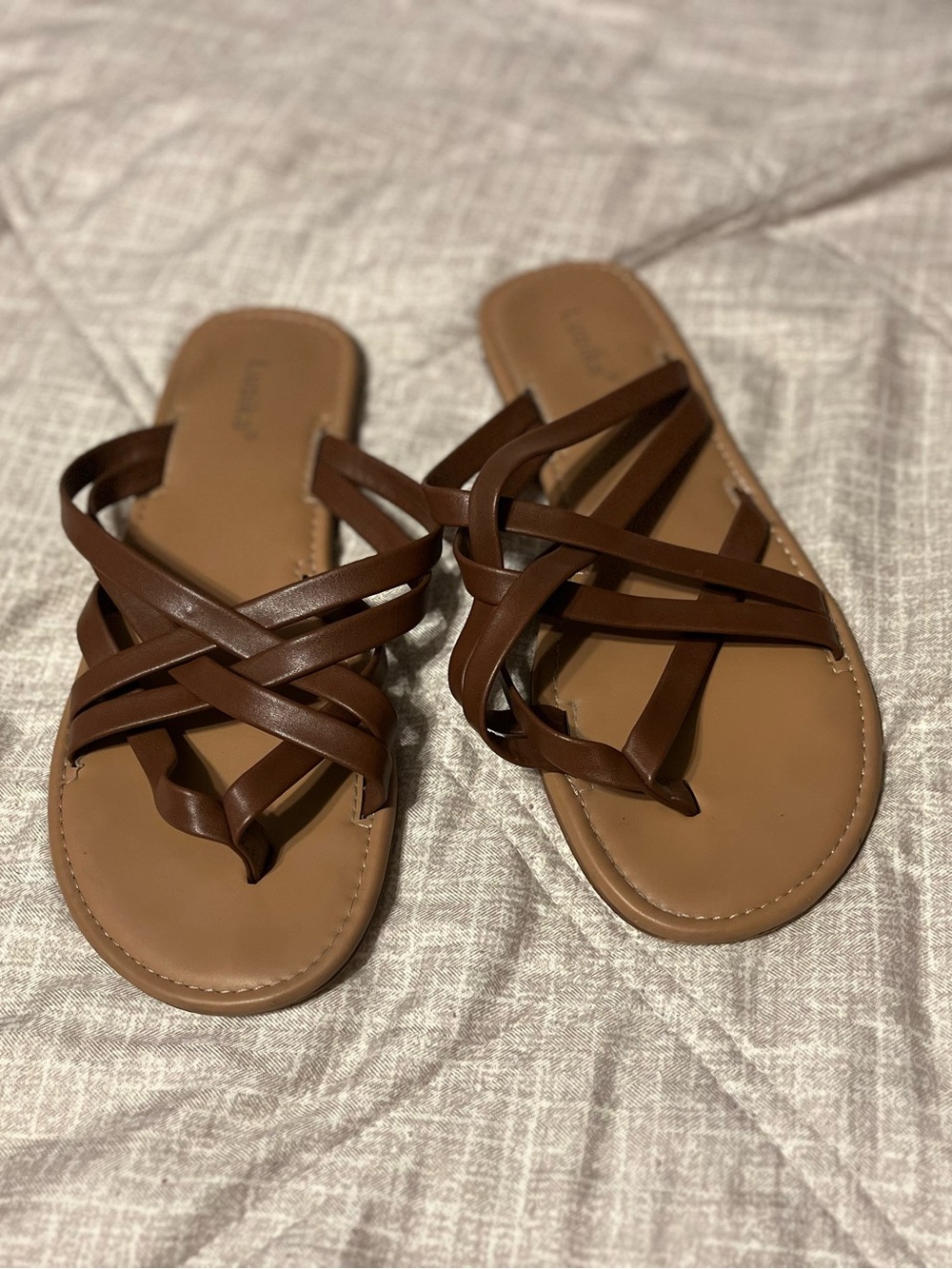 Women's Brown Strappy Slide Sandals with Crisscross Leather Straps